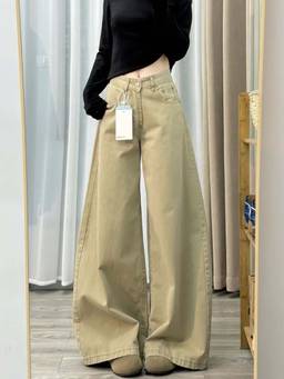 SYKON - Retro Washed Khaki High-Waisted Wide-Leg Jeans