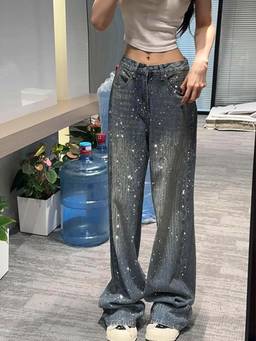 SYKON - Straight Leg Wide-Leg Jeans with Rhinestones