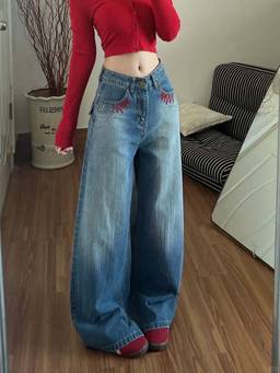 SYKON - Rhinestone Retro Washed Loose Fit Wide-Leg Jeans