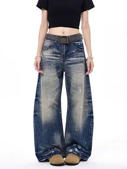 SYKON - Spot Denim Jeans Women's Wide Leg Loose Curved Pants