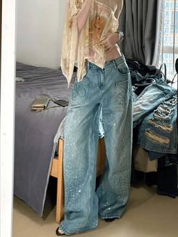 SYKON - Rhinestone-Stamped Wide-Leg Jeans for Women