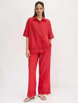 Femmella - Women Red Cotton Self Design Relaxed Fit Co-Ord (Set of 2)