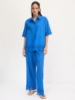 Femmella - Women Blue Cotton Self Design Relaxed Fit Co-Ord (Set of 2)