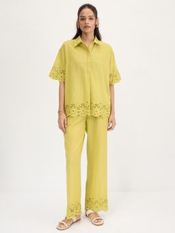 Femmella - Women Green Cotton Self Design Relaxed Fit Co-Ord (Set of 2)