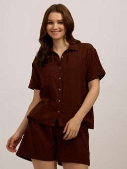 Outzidr - Women Brown Cotton Textured Relaxed Fit Shirt with Shorts (Set of 2)