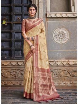 Sangam Prints - Beige Silk Woven Zari Work Traditional Tassel Saree with Unstitched Blouse
