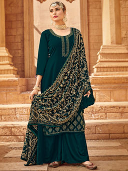 Stylee LIFESTYLE - Teal Georgette Embroidered Unstitched Dress Material (Set of 3)