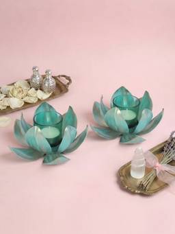 The Home Co - Metal Blue Foil Lotus Tealight Holder (Pack of 2)