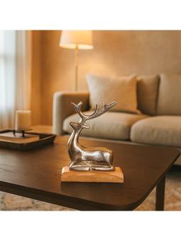 Voncasa - Aluminium Silver Colour Deer With Wooden Base