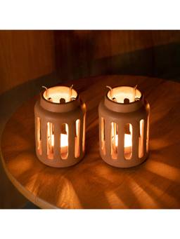 Ellementry - Lupa Terracotta Round Lantern With Metal Handle (Pack of 2)