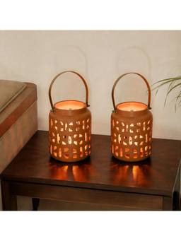 Ellementry - Lupa Terracotta Stencil Lantern With Metal Handle (Pack of 2)
