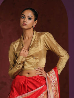 WeaverStory - Handcrafted Asymmetrical Collared V- Neck Gold Tissue Blouse