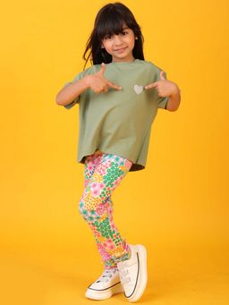 ANTHRILO - Olive Heart Summer Flower T-Shirt with Leggings (Set of 2)