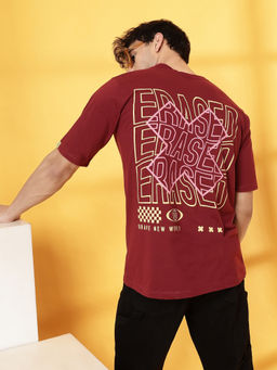 RIGO - Men Maroon Jersey Oversized Printed T-Shirt