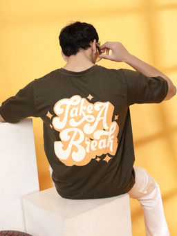 RIGO - Men Army Green Terry Oversized Printed T-Shirt