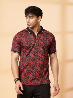RIGO - Men Maroon Jacquard Printed Polo T-Shirt