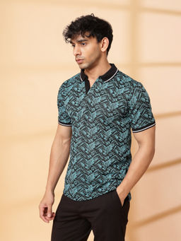 RIGO - Men Teal Jacquard Printed Polo T-Shirt