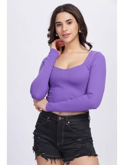 SILISOUL - Women'S Purple Solid Knitted Crop Top