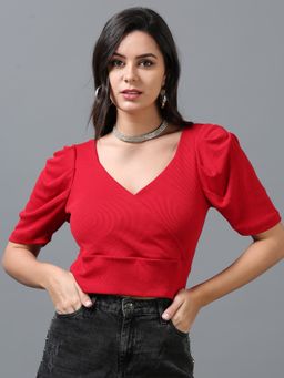 SILISOUL - Women'S Red Solid Knitted Crop Top