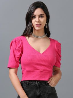 SILISOUL - Women'S Pink Solid Knitted Crop Top