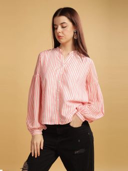 SILISOUL - Women'S Red Vertical Stripes Woven Shirt