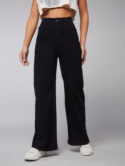 DOLCE CRUDO - Women's Black Wide Leg High Rise Stretchable Denim Jeans