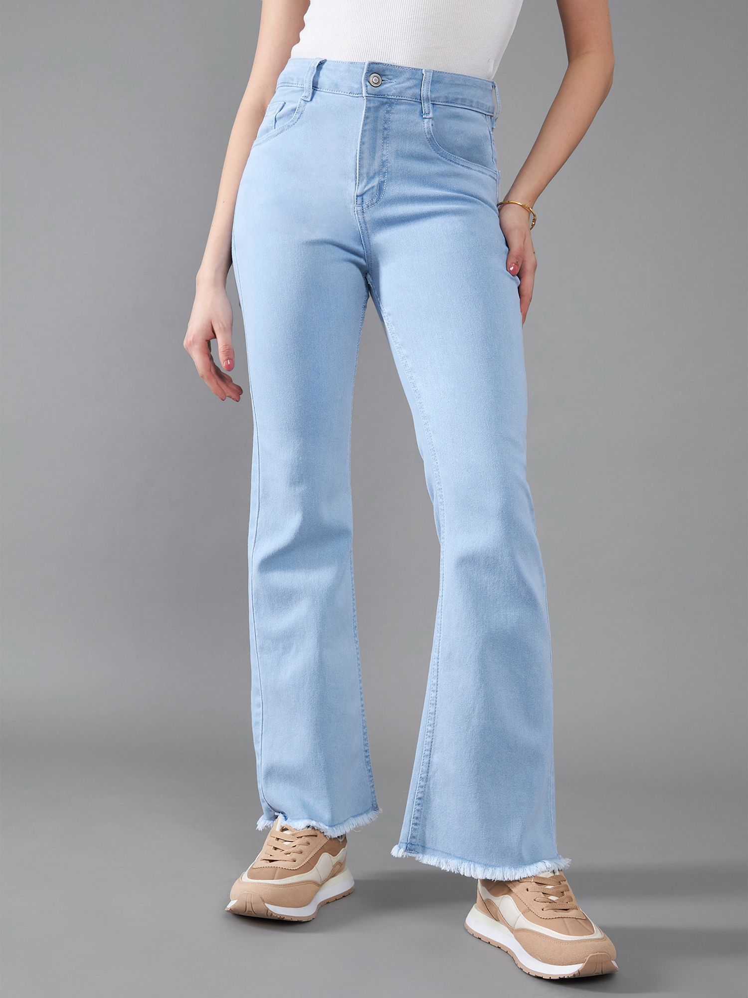 dolce crudo Womens Light Blue Bootcut High Rise Stretchable Denim Jeans-picture-16