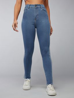 DOLCE CRUDO - Women's Blue Skinny High Rise Clean Look Fringe Denim Jeans