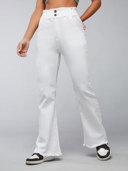 DOLCE CRUDO - Womens White Flared High Rise Stretchable Denim Jeans