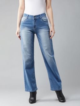 DOLCE CRUDO - Women's Light Blue Wide-Leg Mid RiseBlast Effect Light Weight Denim Jeans