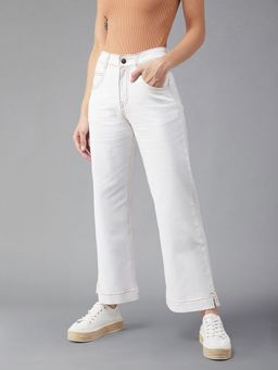 DOLCE CRUDO - Womens White Flared Mid Rise Ankle Length Stretchable Denim Jeans