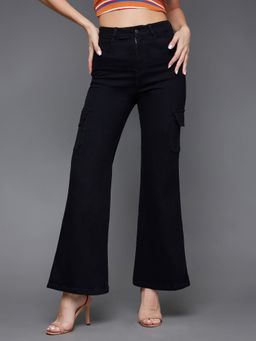 DOLCE CRUDO - Womens Black Wide Leg High Rise Stretchable Denim Jeans