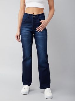 DOLCE CRUDO - Women's Navy Blue Wide Leg Mid Rise Stretchable Denim Jeans