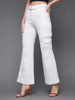 DOLCE CRUDO - Womens White Wide Leg High Rise Stretchable Denim Jeans with Belt