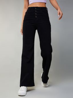 DOLCE CRUDO - Womens Black Wide Leg High Rise Stretchable Denim Jeans