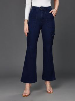 DOLCE CRUDO - Womens Navy Bootcut Stretchable Cargo Jeans with Attached Belt