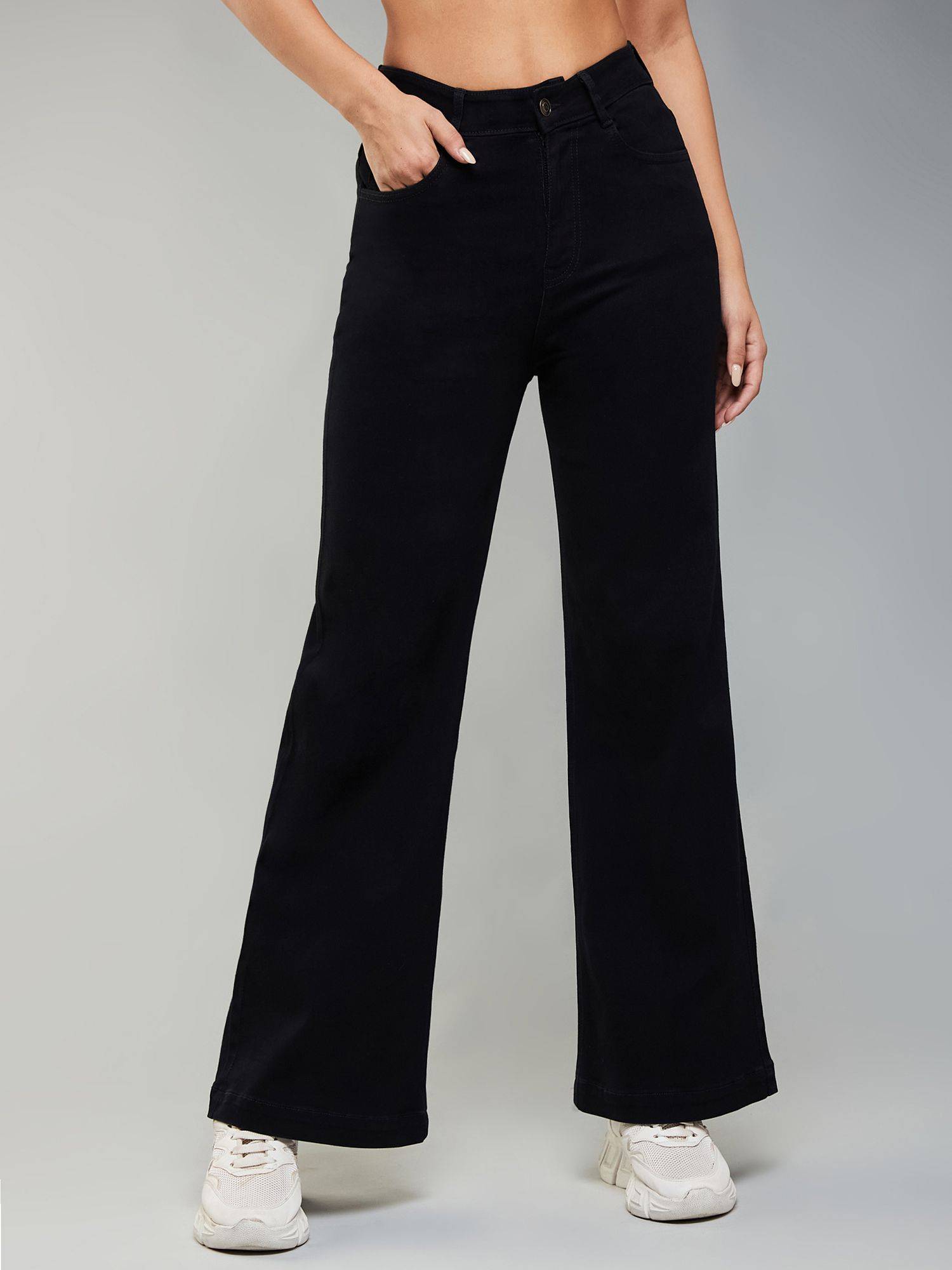 dolce crudo Women's Black Wide Leg High Rise Stretchable Denim Jeans-picture-27