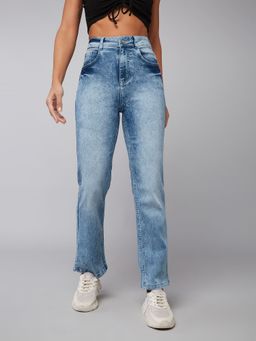 DOLCE CRUDO - Women's Light Blue Straight Leg High Rise Stretchable Denim Jeans