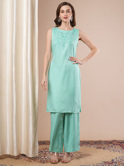 FASHOR - Floral Embroidered Straight Fit Kurta with Palazzo - Mint Green (Set of 2)