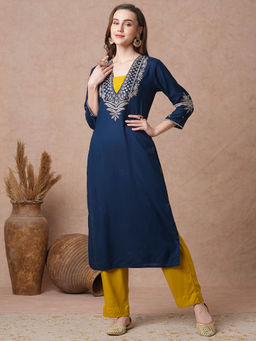 FASHOR - Ethnic Embroidered Straight Fit Kurta with Pant - Teal (Set of 2)