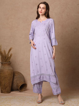 FASHOR - Floral Embroidered Straight Fit Kurta with Pant - Lavender (Set of 2)
