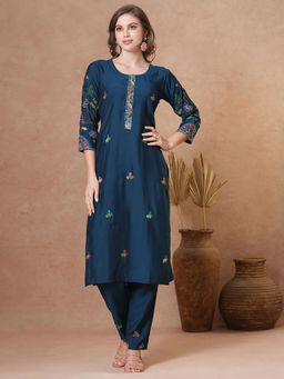 FASHOR - Floral Embroidered and Hand Painted Straight Fit Kurta with Pant - Teal Blue (Set of 2)