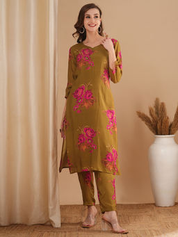 FASHOR - Floral Printed and Embellished Straight Fit Kurta with Pant - Olive Green (Set of 2)