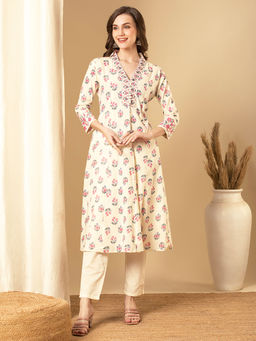 FASHOR - Floral Printed Kurta with Pant - Off White (Set of 2)