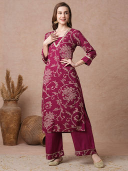 FASHOR - Printed and Embroidered Straight Fit Kurta with Palazzo - Magenta (Set of 2)