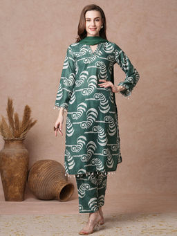 FASHOR - Printed Mirror Shell Lace Embellished Kurta with Pants and Dupatta - Green (Set of 3)