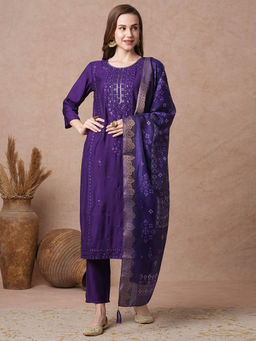 FASHOR - Floral Embroidered Straight Kurta with Pant and Dupatta - Purple (Set of 3)