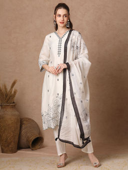 FASHOR - Floral Embroidered Straight Fit Kurta with Pant and Dupatta - White (Set of 3)