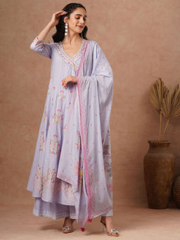 FASHOR - Floral Embroidered Angrakha Kurta with Palazzo and Dupatta - Lavender (Set of 3)