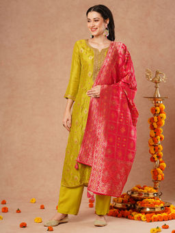 FASHOR - Jacquard Woven & Embroidered Straight Kurta with Pant & Dupatta - Lime Green (Set of 3)
